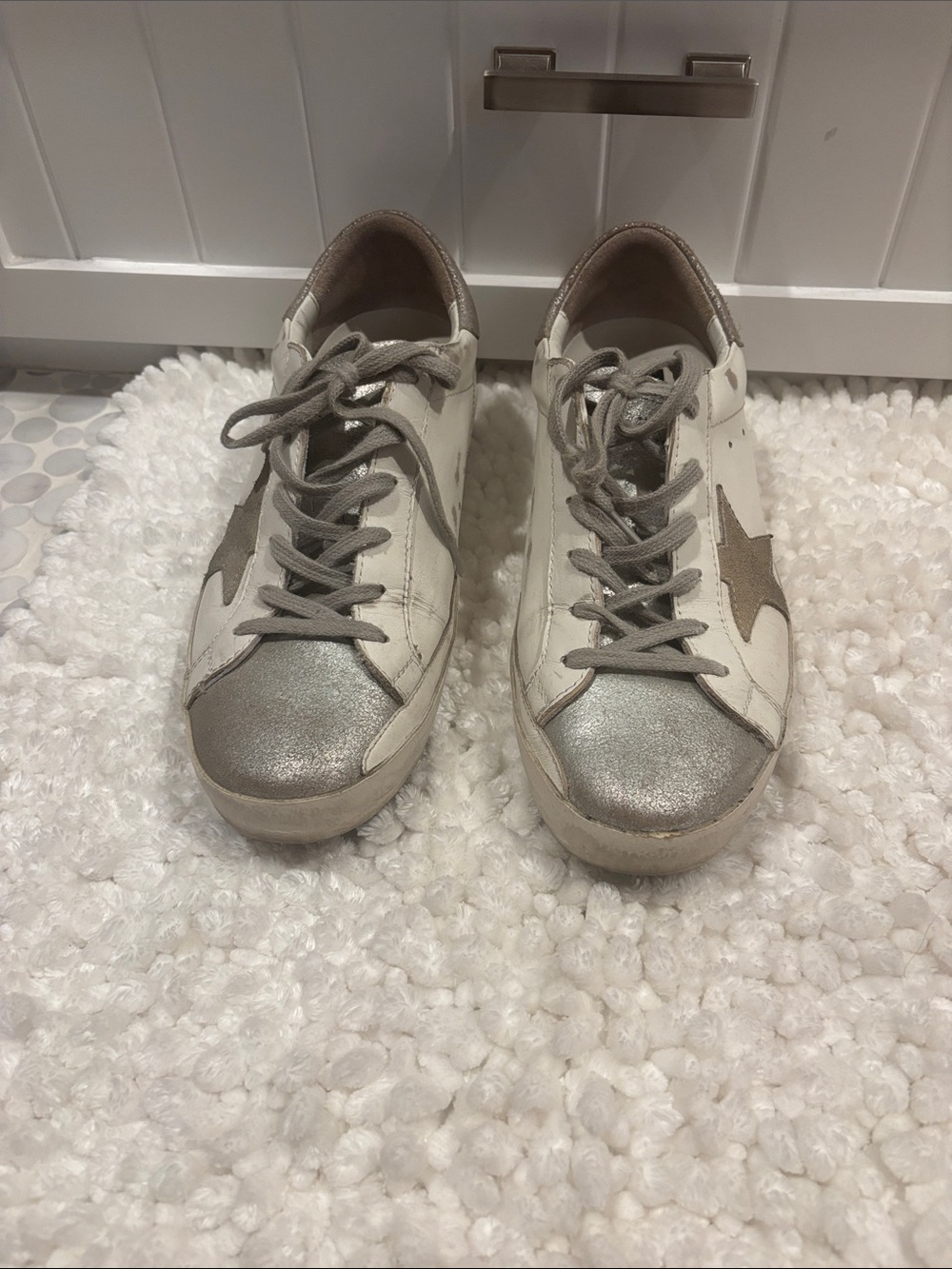 Golden Goose White Sneakers with Silver Toe and Taupe Star